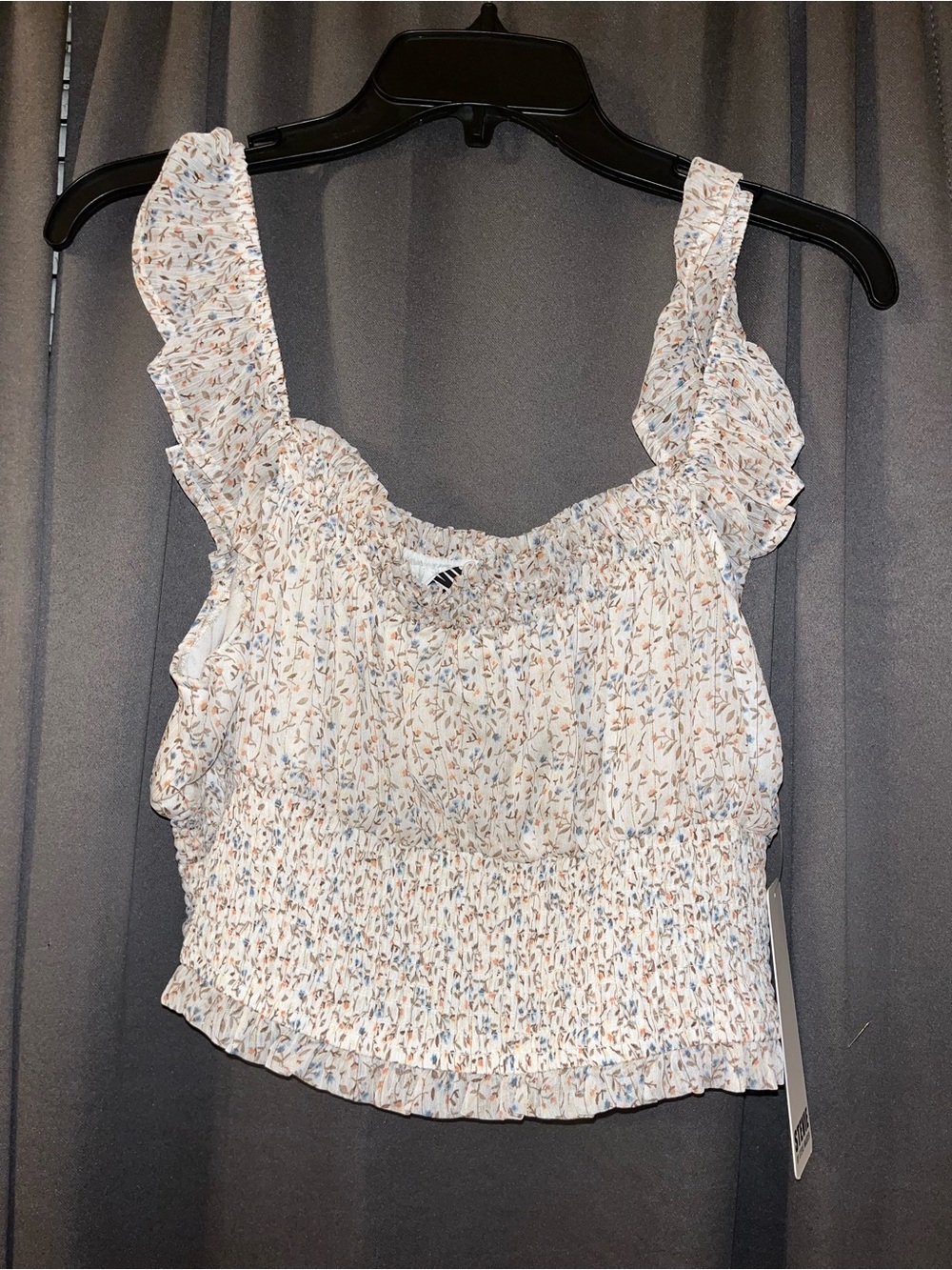 Steve Madden Cream Floral Smocked Crop Top with Blue & Tan Accents